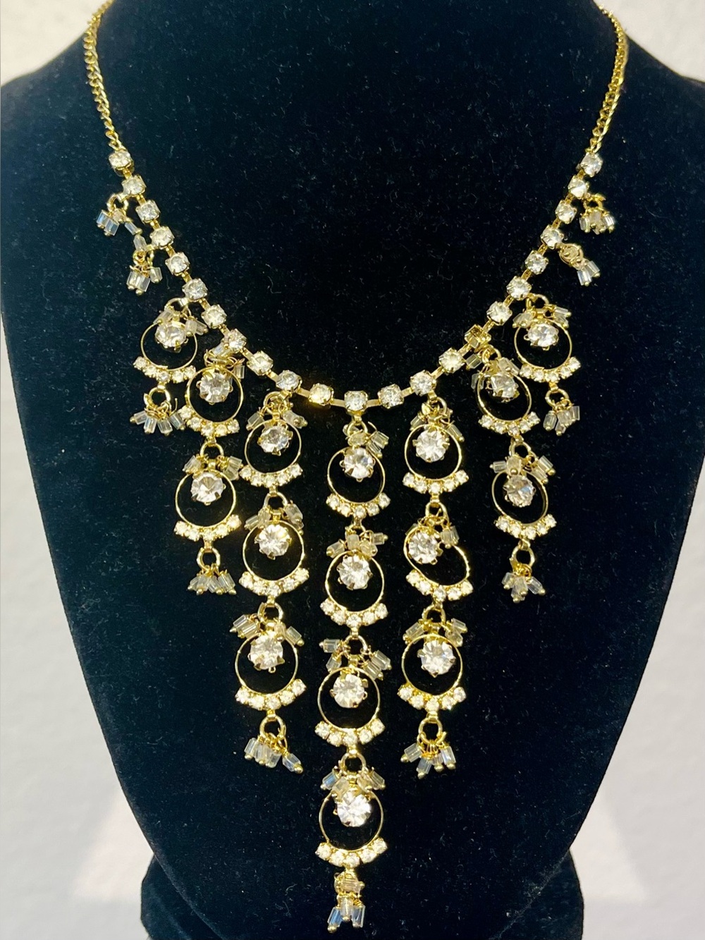 Vintage Gold Tone Crystal Drop Statement Necklace